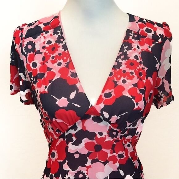 Michael Kors V-Neck Floral Dress Short Sleeve Pockets Pink Red Blue Size 4 NWT - Picture 4 of 16